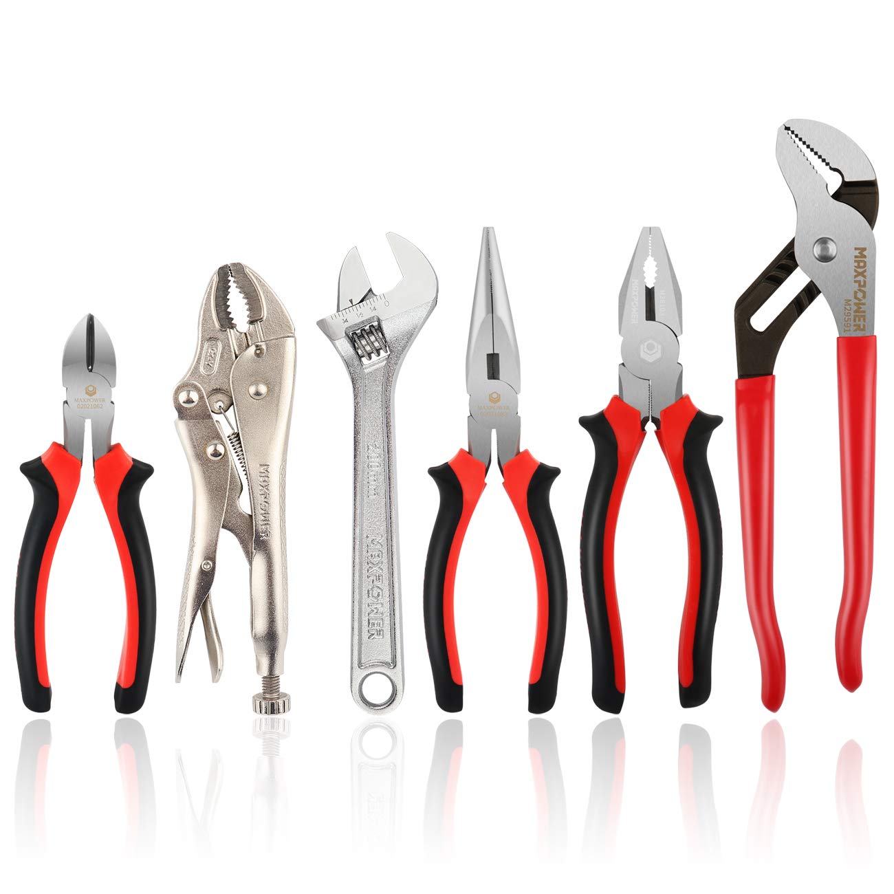Juego de llaves y alicates MAXPOWER, juego de 6 bolsas de kit. Alicates de bloqueo de 7 ", Alicates de ranura para juntas de 10", Alicates de punta larga de 8 ", Llave ajustable de 8", Alicates de corte diagonal de 6 ", Alicates de liniero de 8"
