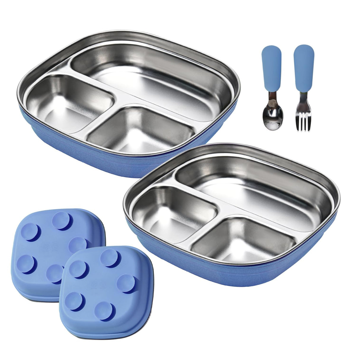 Paquete de 2 platos de acero inoxidable para niños con succión, borde alto de 7.75 pulgadas, a prueba de derrames, 2 cucharas y mangas extraíbles, aptos para microondas y lavaplatos, sin BPA