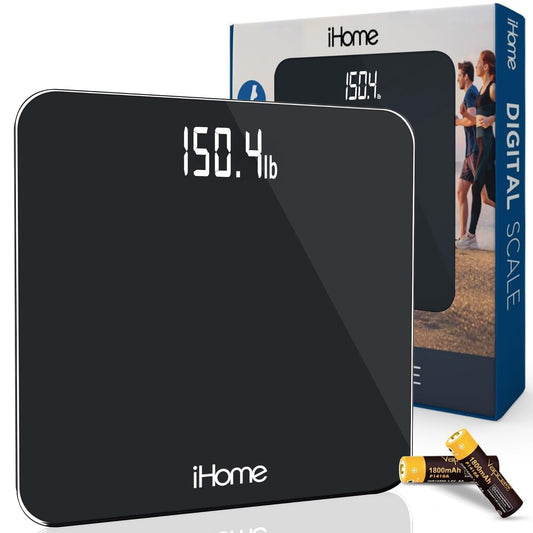 iHome - Báscula digital para baño con escala, báscula de peso corporal de alta precisión, 400 libras, funciona con batería con visualización LED, pilas incluidas, ideal para gimnasio en casa (negro)