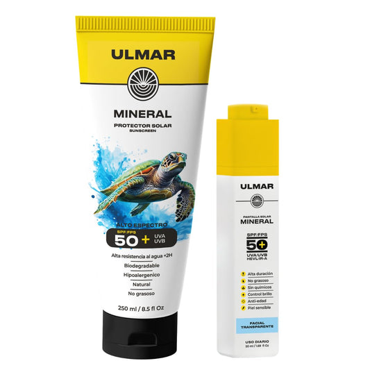 ULMAR Kit Protector Solar Mineral facial con color transparente piel sensible y corporal spf/fps 50 UVA UVB alto espectro 100% natural hipoalergénico biodegradable 250 ML 2 piezas