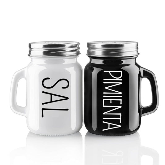 Juego de Salero y Pimentero U Chef blanco y negro Vidrio con Tapas de Acero Inoxidable para Cocina y Bodas