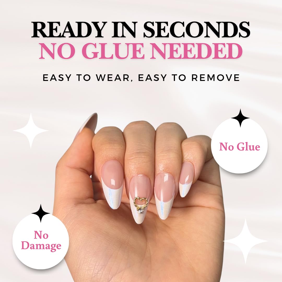 VotreNaeil Uñas postizas PerfectLook - Aurora Kiss | Uñas almendra nude sin pegamento con puntas francesas esmaltadas y dije de corazón dorado - Kit de 24 uñas con adhesivos