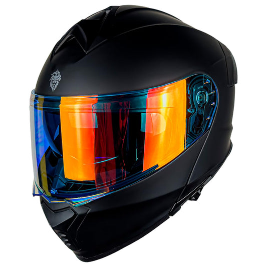KOV Casco Thunder ABATIBLE Negro Mate para Moto Mica Dorada Certificado Dot (X-Large)