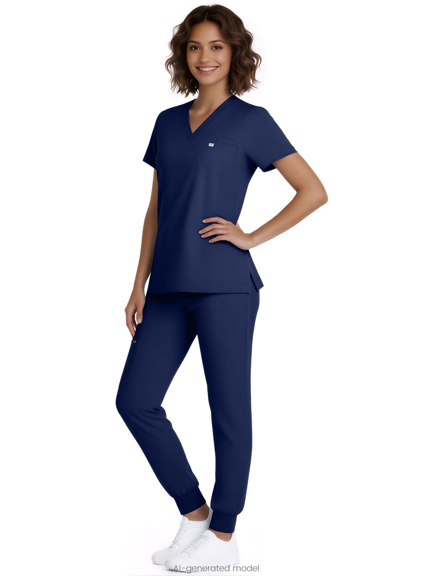 Eadflie Conjunto de uniforme médico para mujer: top con cuello en V y pantalón tipo jogger con 5 bolsillos, tejido elástico suave, aberturas laterales (azul marino/M).