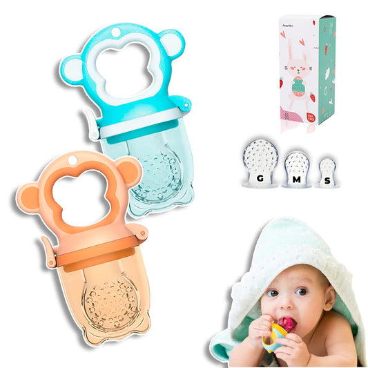 Chupones alimentadores para frutas y papillas con tapa libre de bpa, dibujos animados, 4m+ 2 piezas (monkey azul y monkey naranja)