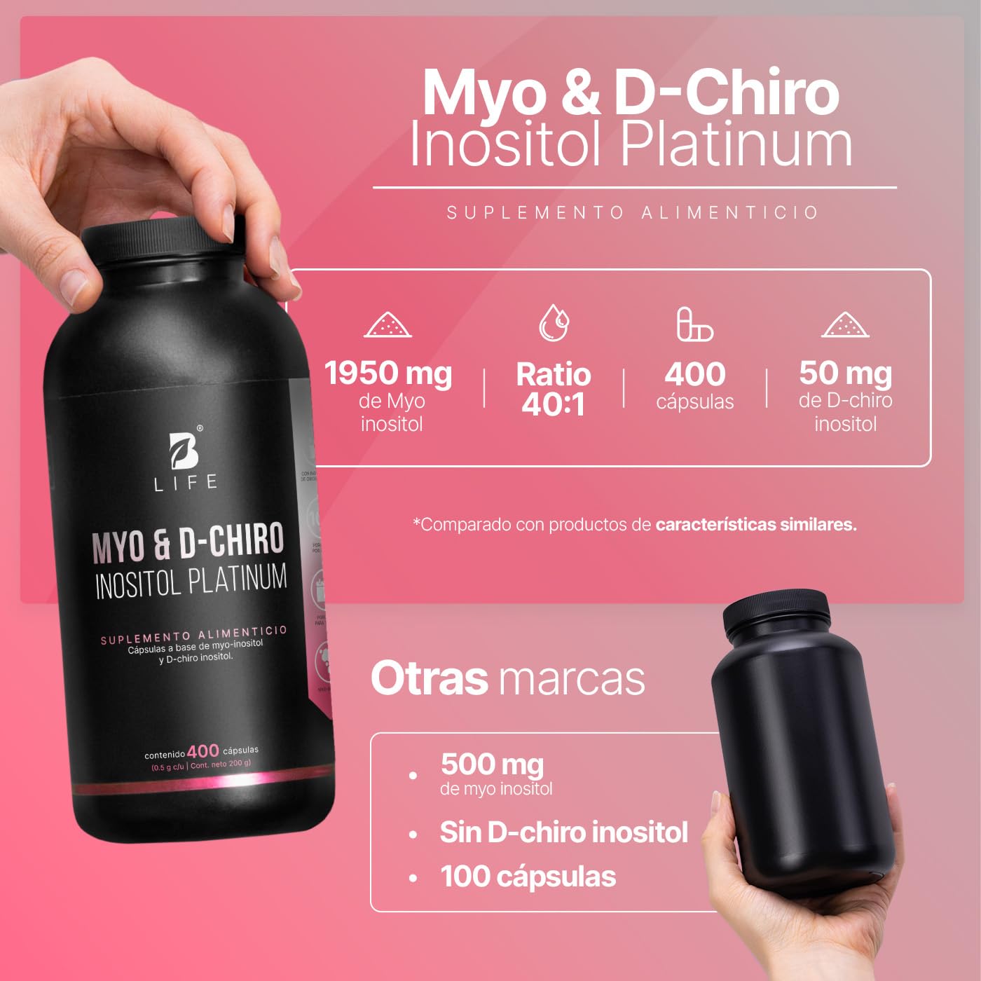 B Life Myo y D-Chiro Inositol | Ratio 40:1 | 400 cápsulas | 2000 mg por porción | Ingredientes Naturales | Myo & D-Chiro Inositol Platinum.