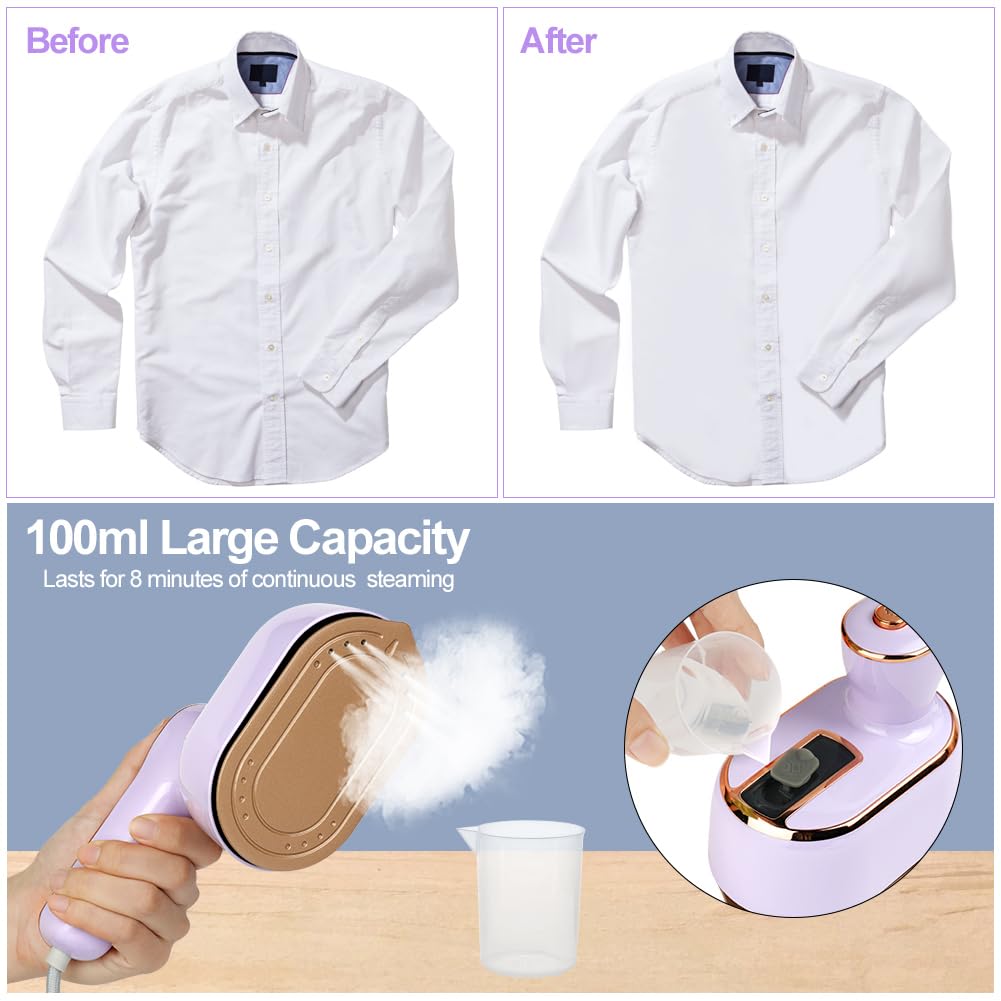 AUAUY Plancha de Vapor Mini, 1000 W, Plancha de Viaje portátil, Plancha de Mano con depósito de Agua de 100 ml, Planchado seco y húmedo, Vapor pequeño, para el hogar y los Viajes (Morado)