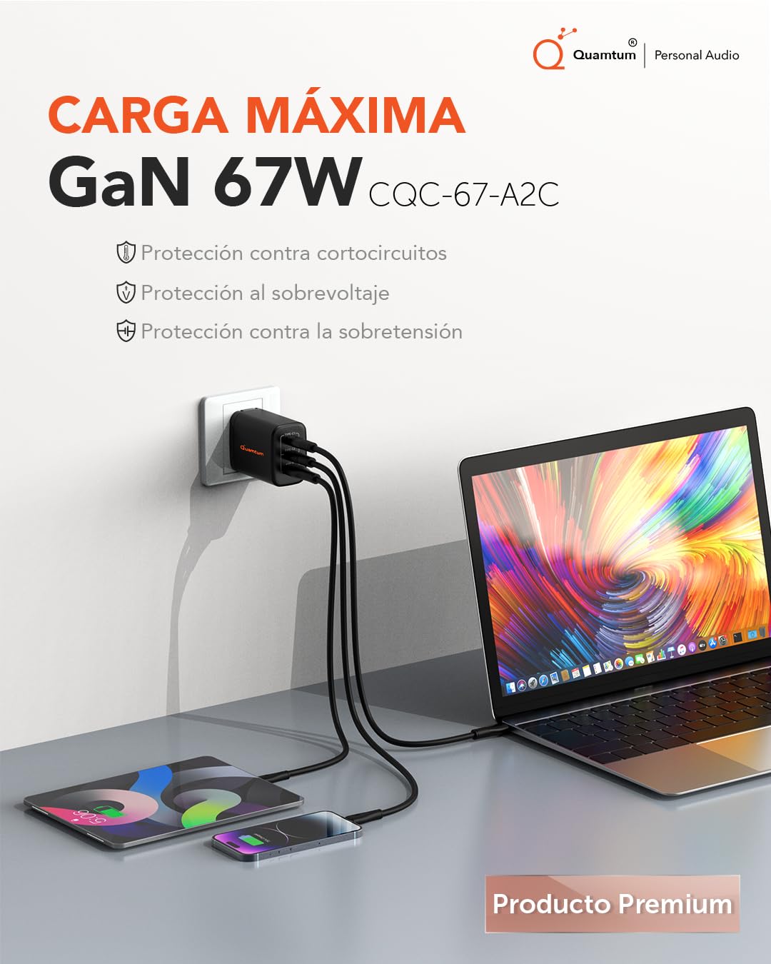 Cargador GAN Quamtum Personal Audio Blanco con 3 Puertos USB Plegable y Portátil para Viajar