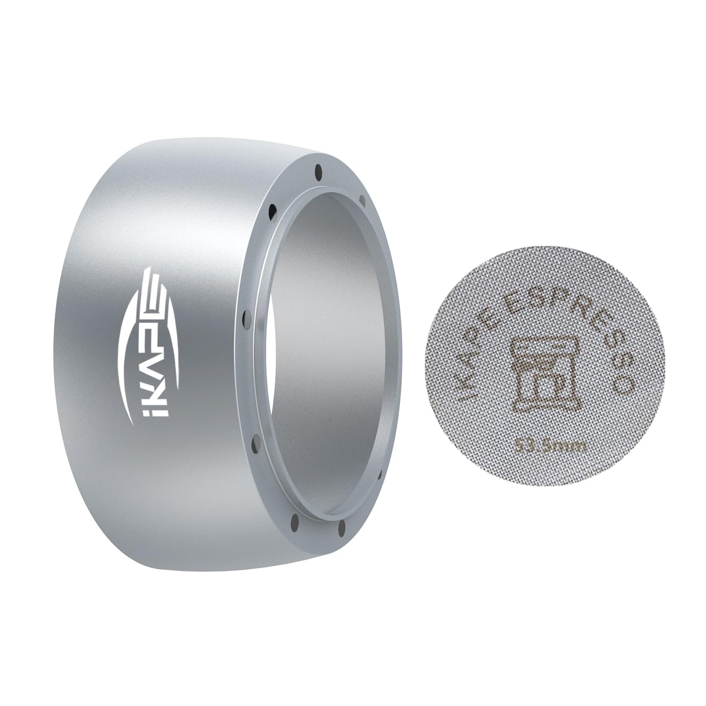 IKAPE - Juego de embudo de dosificación magnética, anillo de dosificación espresso de 53 mm y kit de visualización de disco compatible con portafiltro Delonghi de 54 mm sin fondo - con 8 imanes pequeños (plata)