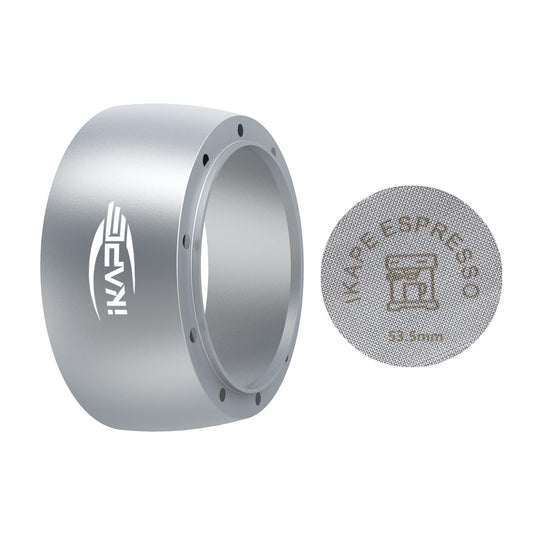 IKAPE - Juego de embudo de dosificación magnética, anillo de dosificación espresso de 53 mm y kit de visualización de disco compatible con portafiltro Delonghi de 54 mm sin fondo - con 8 imanes pequeños (plata)