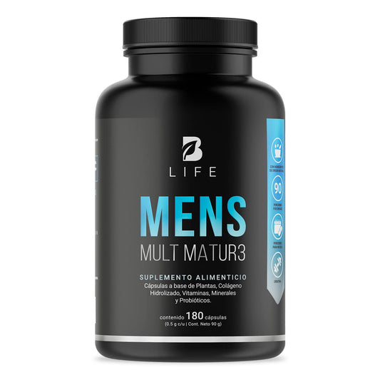 B Life Company Multivitamínico para Hombre Mayor de 40 años con 180 Cápsulas. Ingredientes naturales: Maca Negra, Semillas de Calabaza, Colágeno, Probioticos. Mens Mult Matur3.