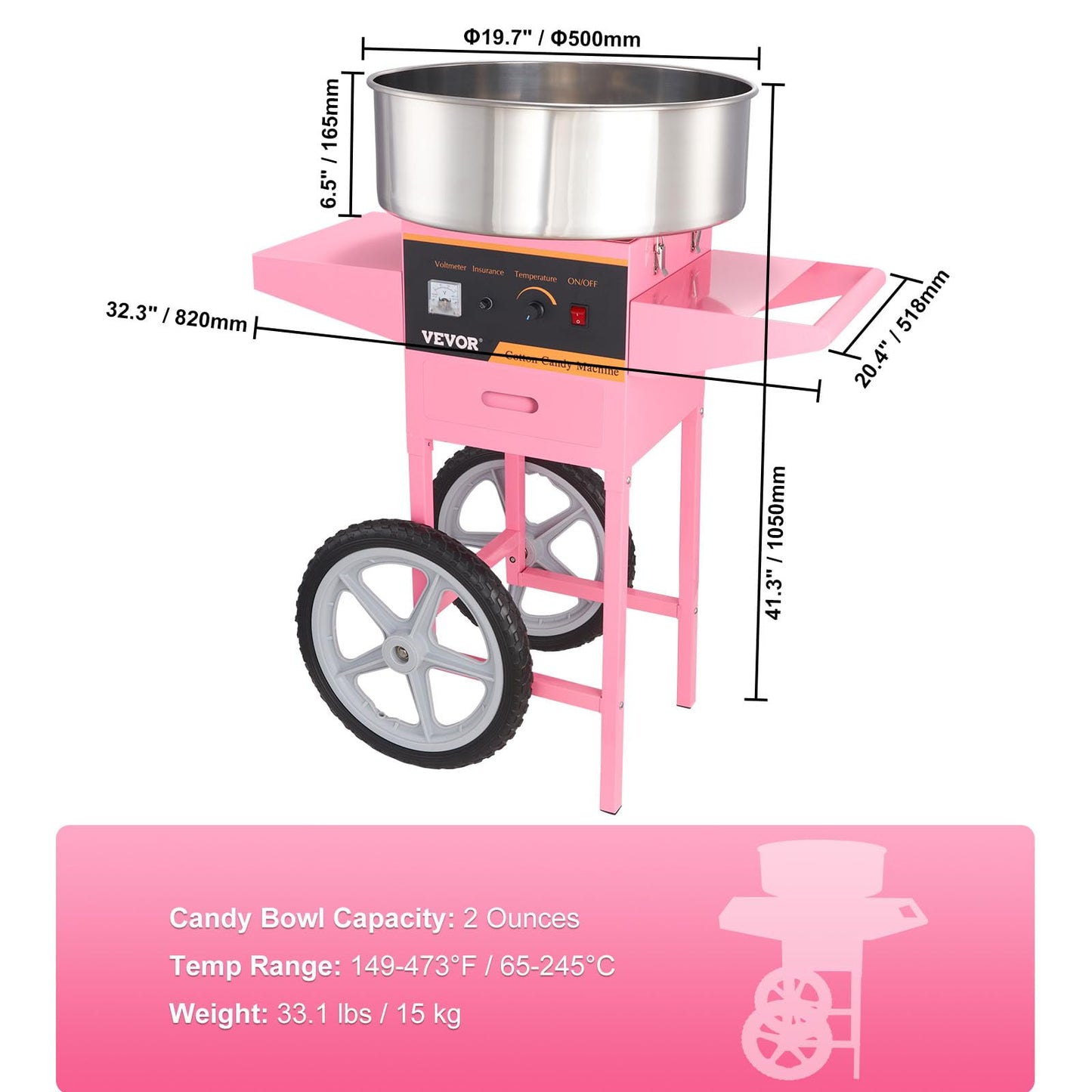 Carro Eléctrico de Algodón VEVOR Rosa con Tazón de Acero Inoxidable y Cuchara de Azúcar
