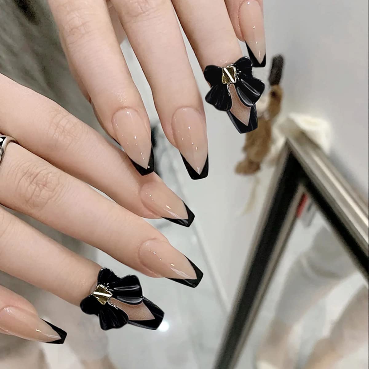 Black French Tip Press on Nails, Beige Nude Coffin Medium Length Black Bowknot Fake Nails,Full Cover Ballerina Artificial Acrylic Nai Tips,24 Pcs Stick on Nails with Designs