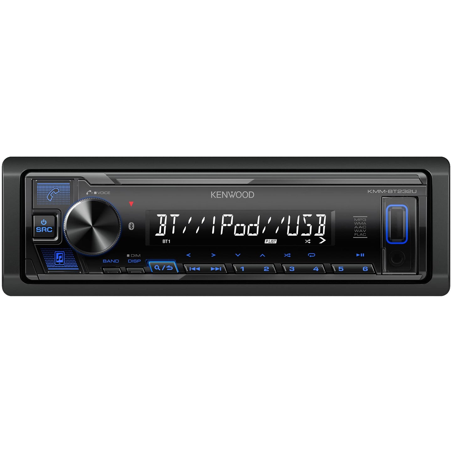 KENWOOD KMM-BT232U - Receptor de coche DIN único, estéreo Bluetooth para coche con mezcla de música para 5 dispositivos, conexión de teléfono dual, entrada USB frontal y AUX, ecualizador de 13 bandas