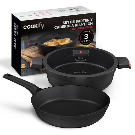 Cookify Set de Sarten y Cacerola de Aluminio con Revestimiento Antiadherente para todo tipo de estufas (3 piezas - 28 cm)