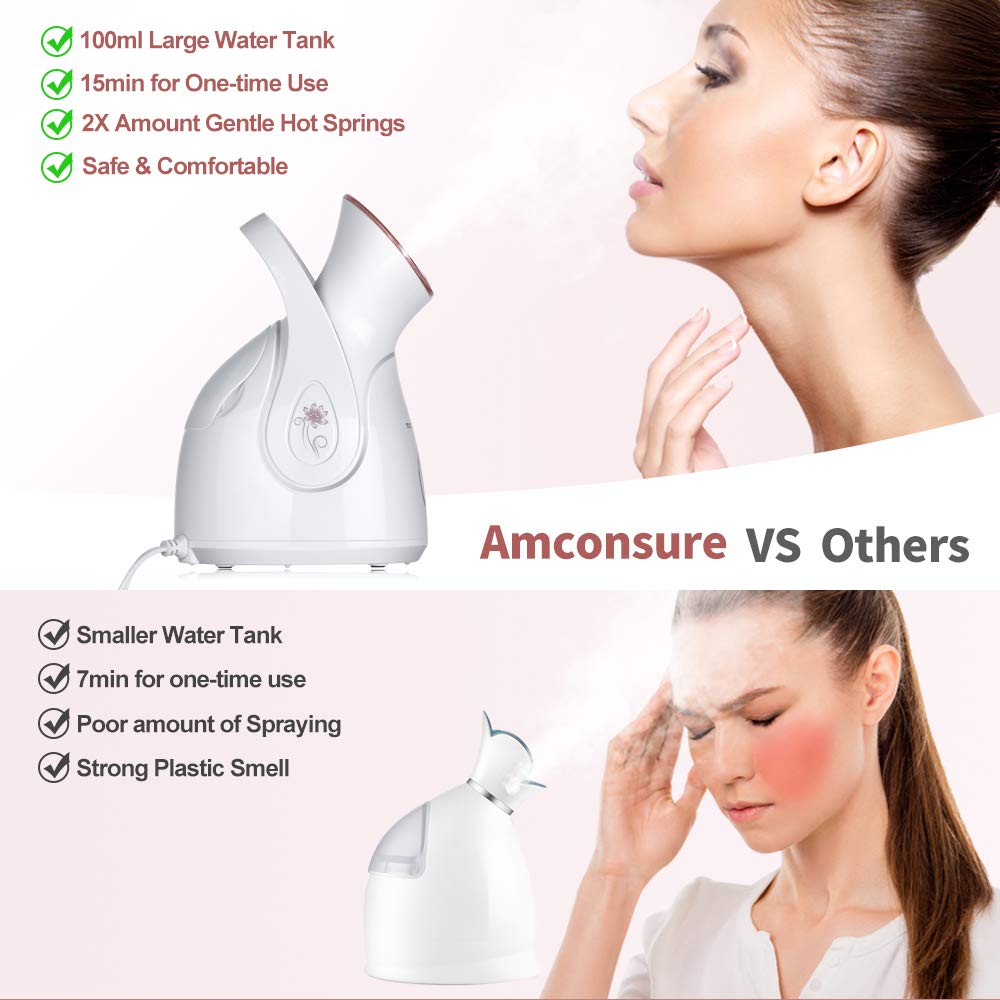 Amconsure - Vaporizador facial nano iónico para el hogar, humidificador facial cálido para mujeres, vaporizador facial hidratante para spa, desatasca los poros, kit de 5 piezas de piel de acero inoxidable y 2 estropajos faciales de silicona