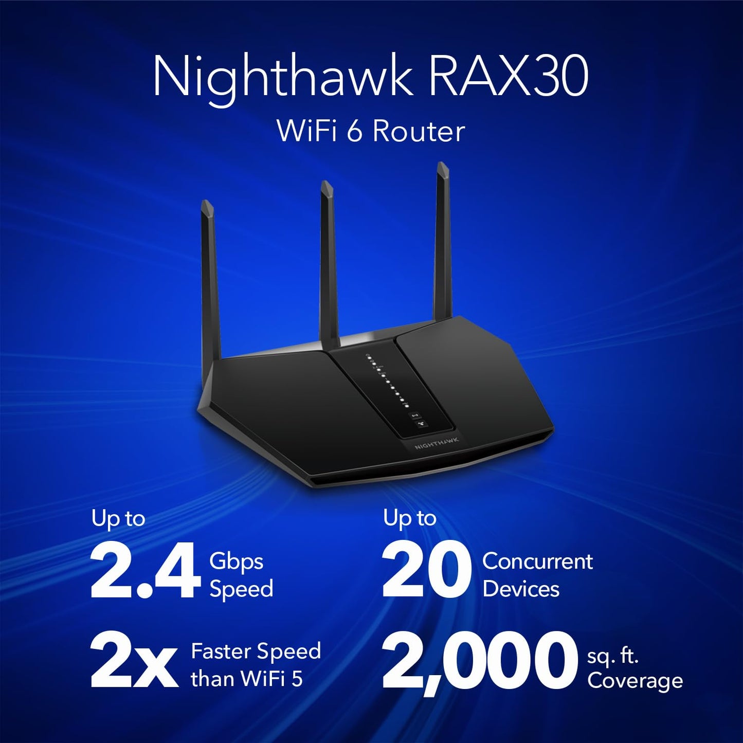 NETGEAR Nighthawk Router WiFi 6 (RAX30) Router Gigabit de Doble Banda de 5 fluyos, Velocidad inalámbrica AX2400 (hasta 2.4 Gbps), Cobertura de hasta 2.000 pies Cuadrados y 20 Dispositivos