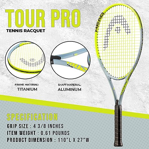 HEAD Tour Pro - Raqueta de Tenis preencordada de Equilibrio de luz de 27 Pulgadas, Agarre de 4 3/8 Pulgadas, Color Amarillo