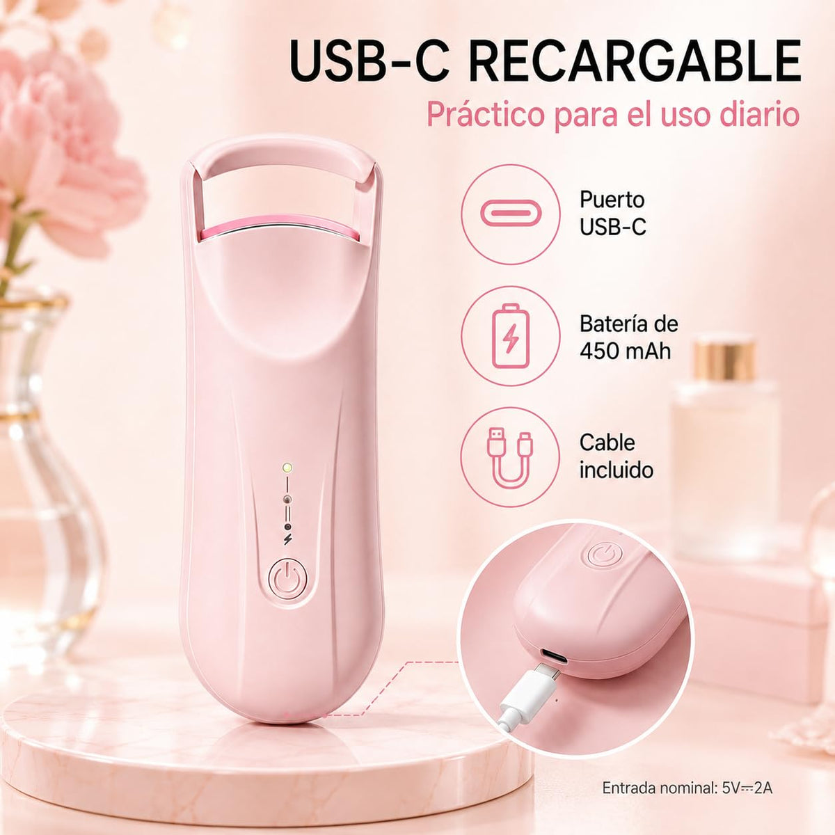 Rizador de Pestañas Eléctrico, Enchinador Térmico Recargable USB-C con 2 Niveles de Temperatura 65°C/85°C, Calentamiento Rápido y Curva 3D, Mini Rizador Portátil para Maquillaje