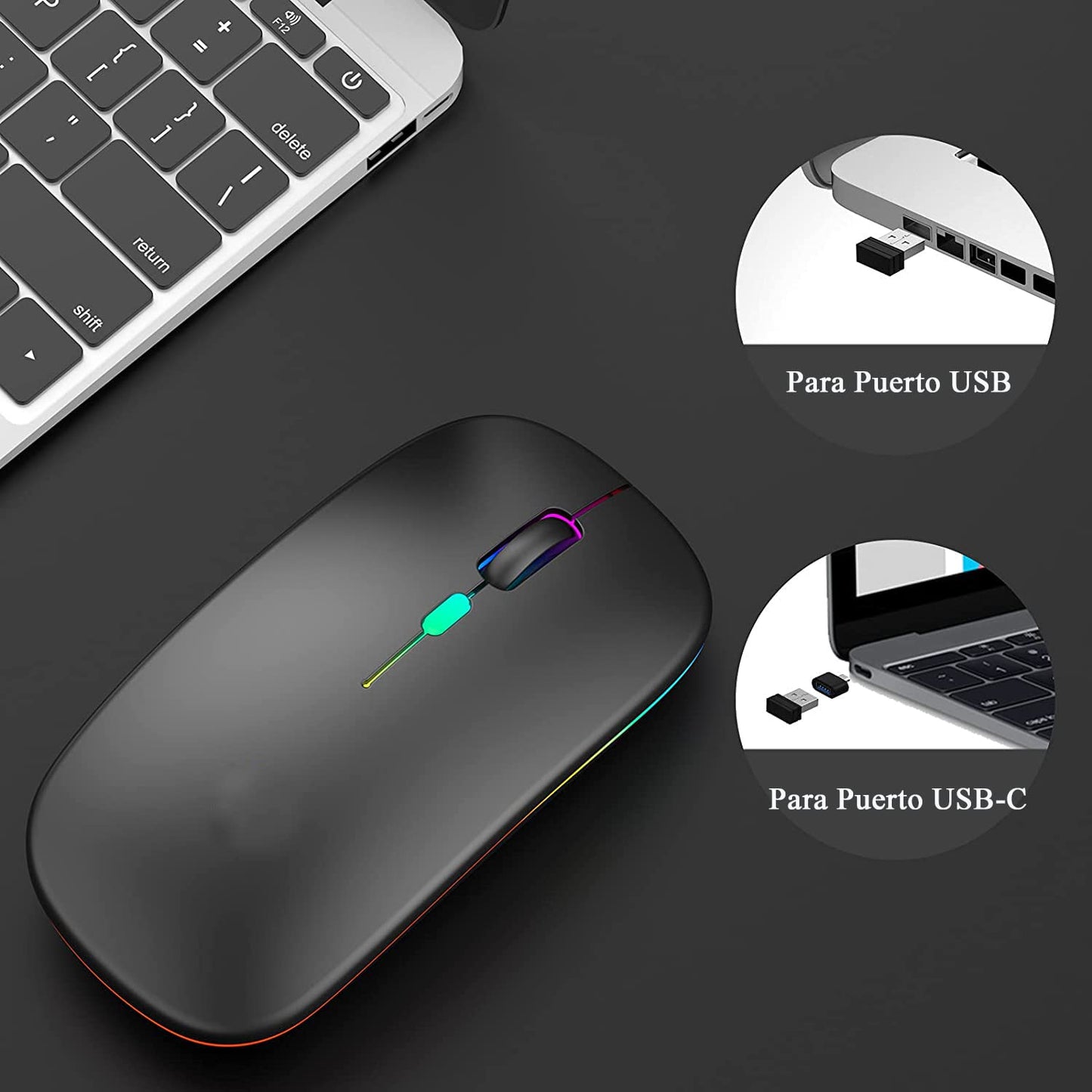 LED Mouse Inalámbrico Recargable, Fotgear Ratón Wireless 2.4G Ergonómico Wireless Ratón óptico Silencioso Click, con Receptor USB Adaptador, Ideal para Ordenadores Portátiles, Dispositivo Inteligentes