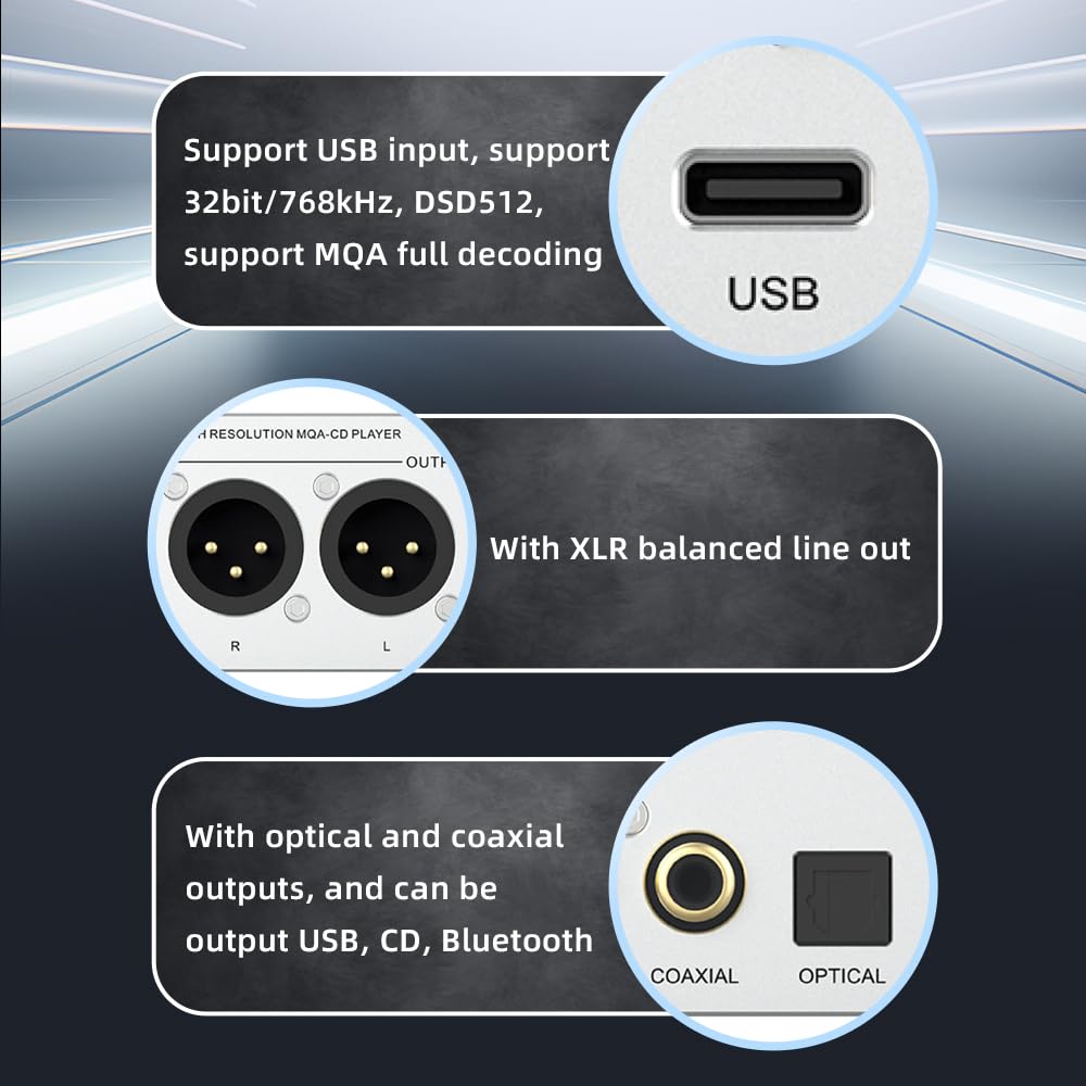 SMSL PL200 MQA Reproductor de CD Tocadiscos HiFi Lossless AK4499EX Chip Bluetooth Reproducción Decodificación Amplificador de auriculares con mando a distancia (Plata)