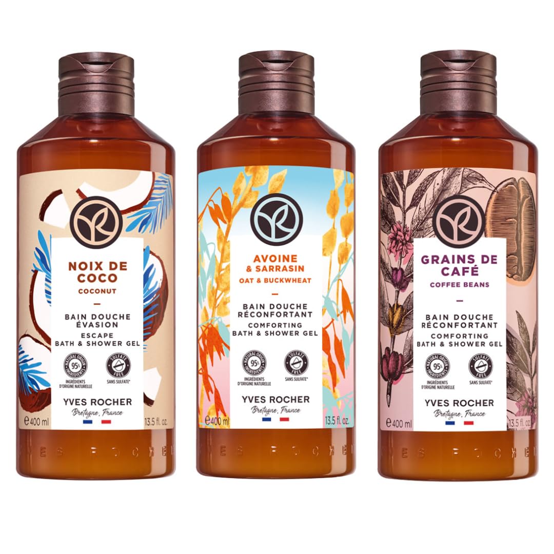 Yves Rocher MAXI TRI PACK Geles de ducha Aromas Reconfortantes: COCO + AVENA Y TRIGO SARRACENO + GRANOS DE CAFÉ de 400 ml C/U