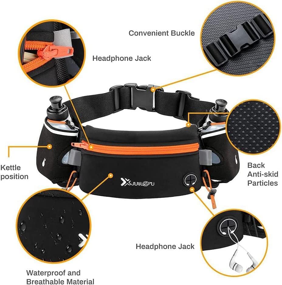 Cangurera Deportiva, Cinturón para Correr con Botella de Agua, Riñonera Deportiva con 2 Botellas de Agua, Bolsa Deportiva con Cinturón Regulable, Bolsillos de Auricular y Teléfono