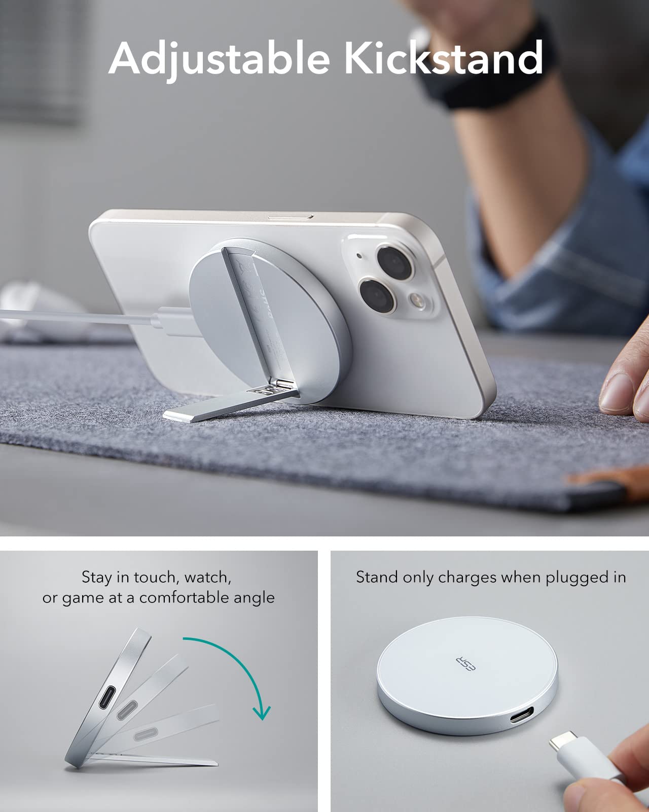 Cargador Inalámbrico ESR HaloLock blanco con Soporte y Cable Extraíble Compatible con MagSafe para iPhone 14 y 13 Series
