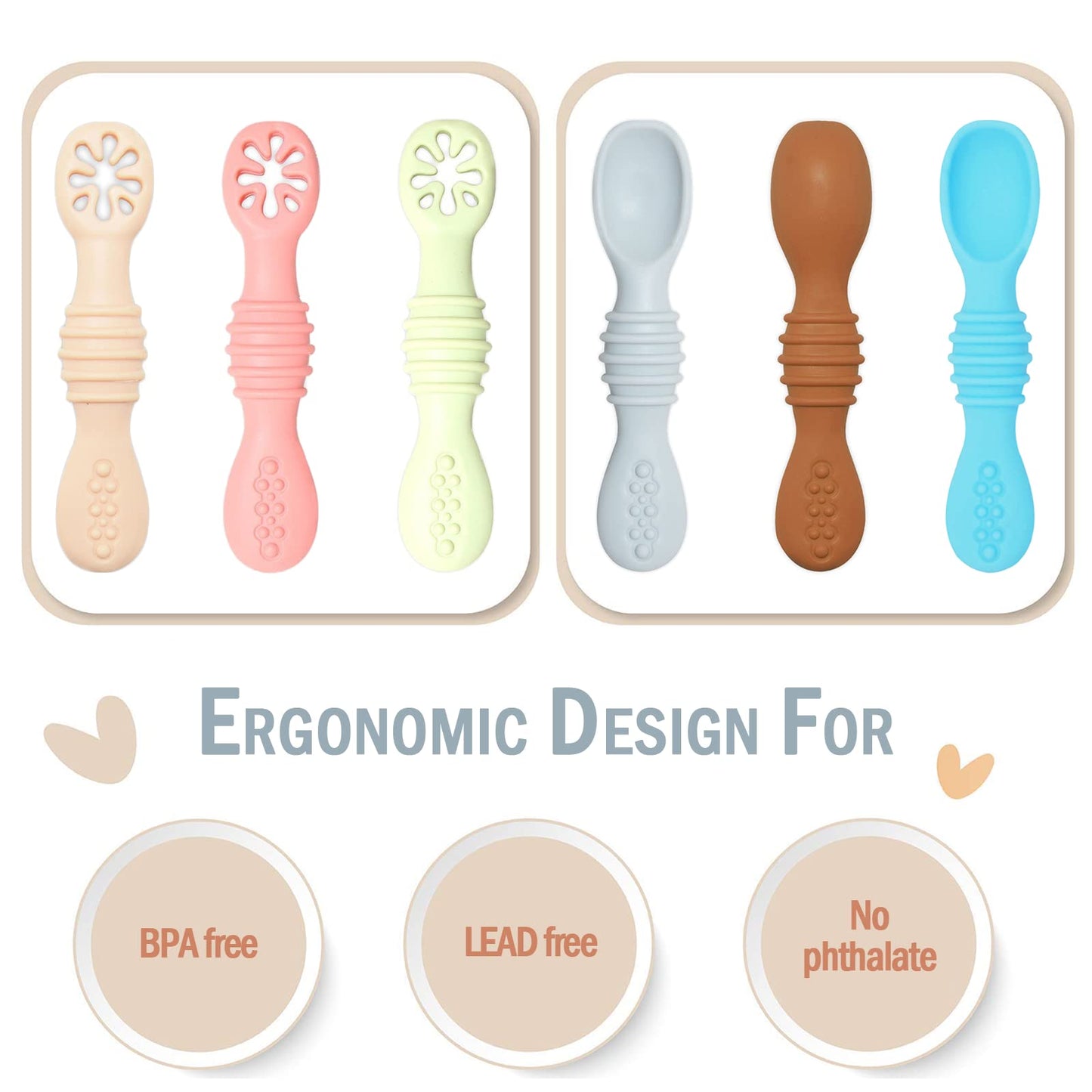 Cucharas para Bebe de Silicon,Juego de cucharas para bebé de 6 Piezas,Kit de Cubiertos para Alimentación Complementaria, Silicóna de grado alimenticio libre de BPA, Antideslizante, Seguro.