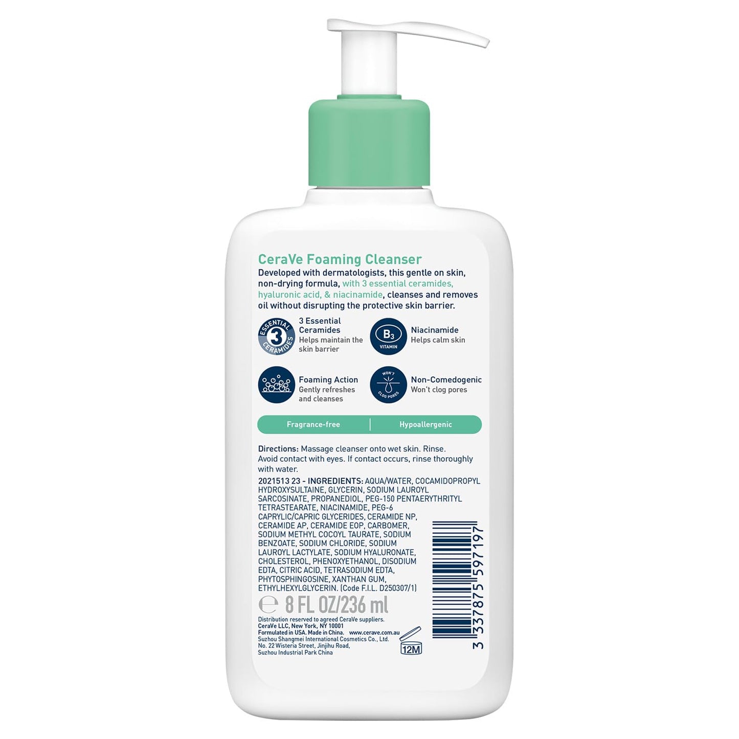 CeraVe Gel Limpiador Espumoso Diario para Piel Mixta, Grasa o con Acné 236ml
