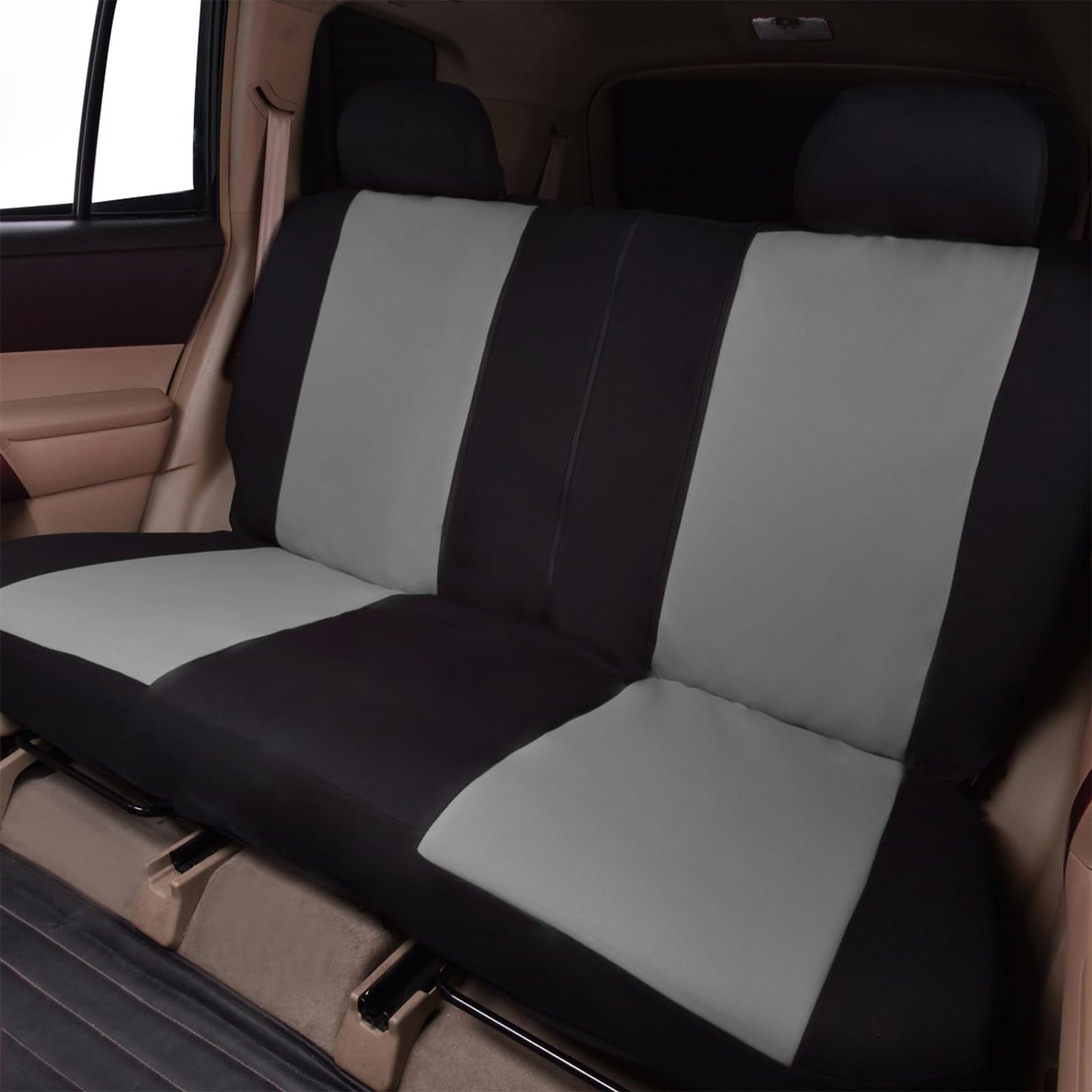 Flying banner car Seat Fund asiento delantero asiento trasero protector de asiento trasero de poliéster coche fácil de instalar asiento trasero dividido clásico camión masculino y femenino (conjunto completo - respaldo bajo - paquete combinado, negro y gr