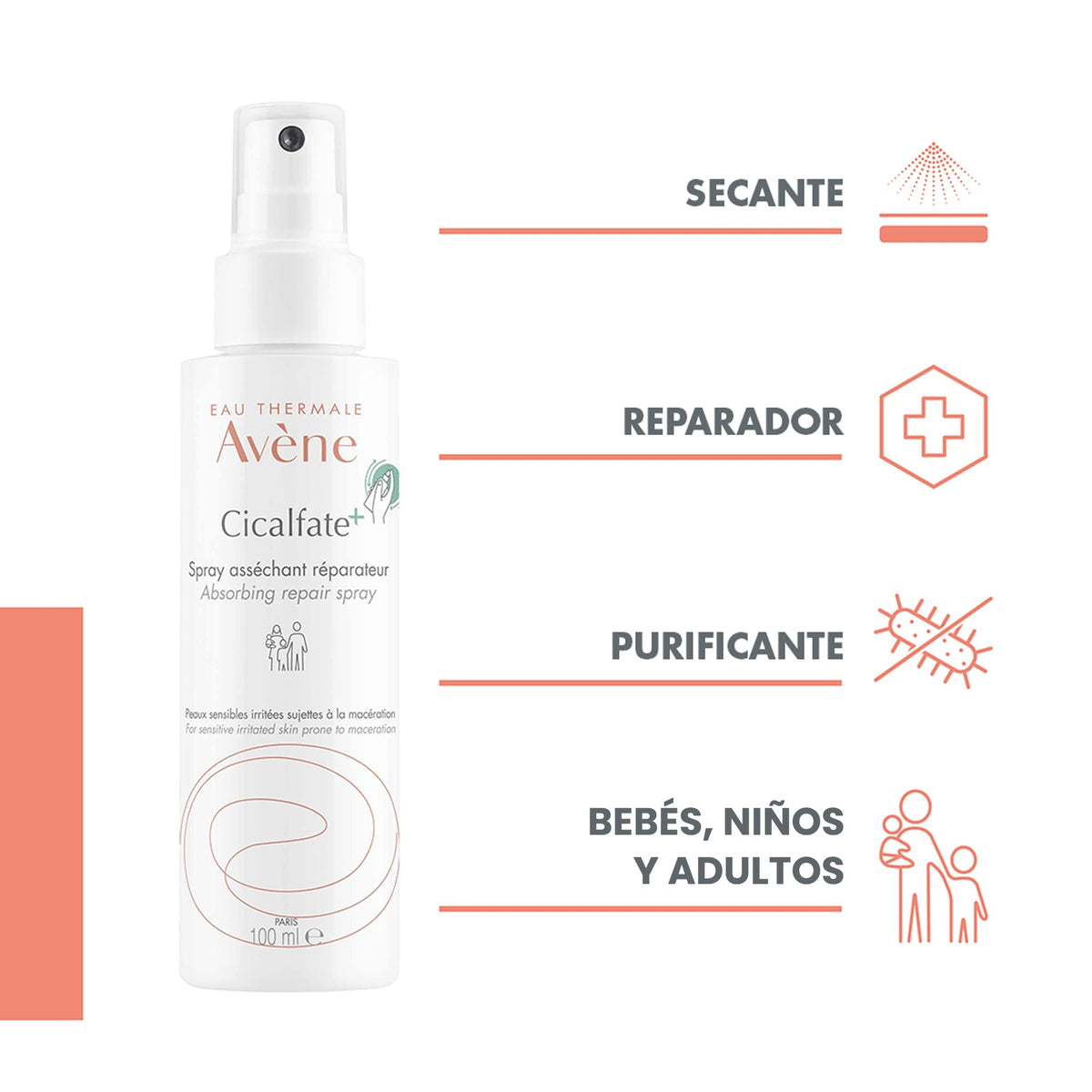AVENE, Cicalfate+ Spray Secante Reparador, Para Piel Sensible, 100ml