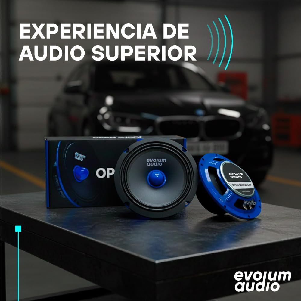 Evolum Audio - Kit Bocinas Medio Rango - Sonido Claro y Potente - Cono de Papel de Titanio - Potencia RMS de 150 W - Materiales de Calidad - Fácil Instalación - Modelo Open Show (6.5 in)
