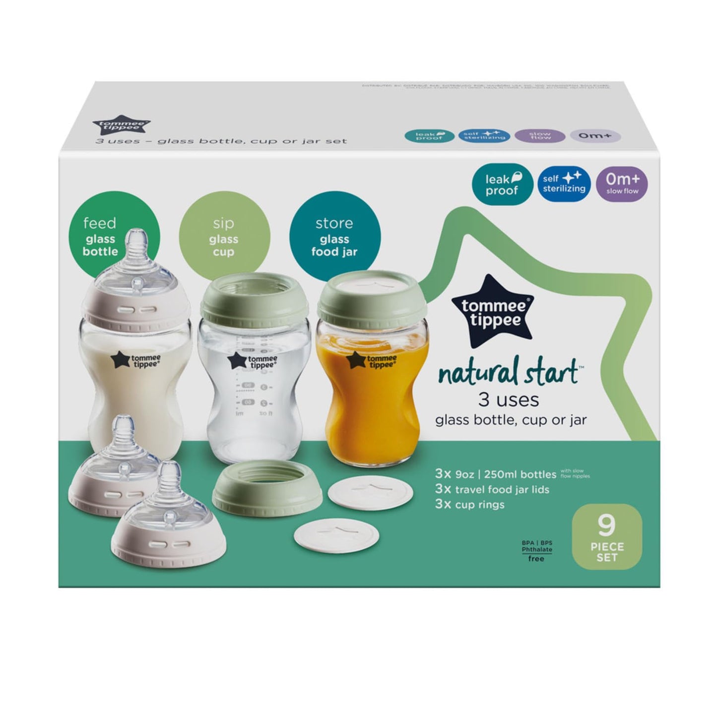 Biberón de Vidrio Tommee Tippee Natural Start 9oz Transparente con Tetina de Flujo Lento para una Lactancia Natural, Set 3 en 1 para Bebé