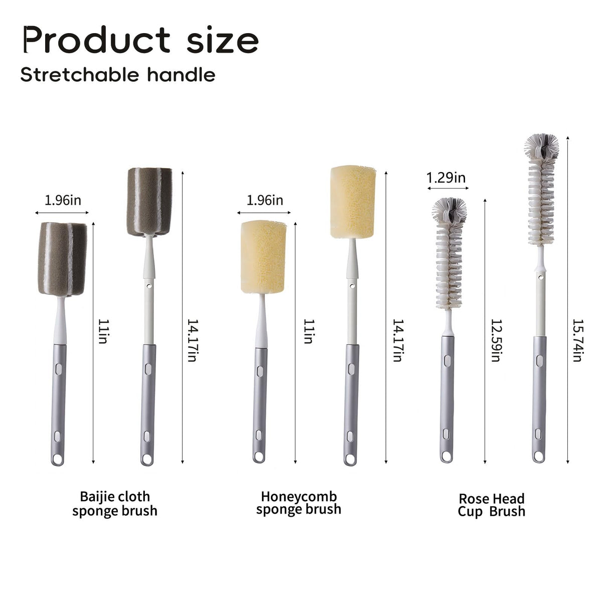 Paquete de 3 cepillos de taza de mango largo, mango extensible, cepillo para polvo de biberón, cepillo para polvo de nailon, cepillo para polvo de esponja, cepillo para polvo para fregar tazas de agua