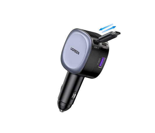 UGREEN 75W Cargador para Auto Retráctil USB C, 3 en 1 Adaptador de Coche con 60W Cable Tipo C Carga Rápida Compatible con iPhone 16 Pro MAX 15 14, Pixel 9 8 7, Galaxy S25 Ultra S24 S23, iPad