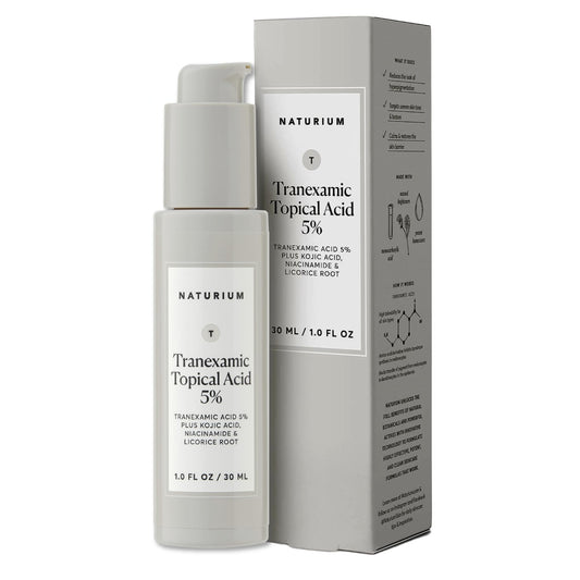 Naturium Ácido tópico tranexámico 5%, más ácido kójico, niacinamida y raíz de regaliz, tratamiento de cuidado facial y piel, removedor de manchas oscuras, 1 onza