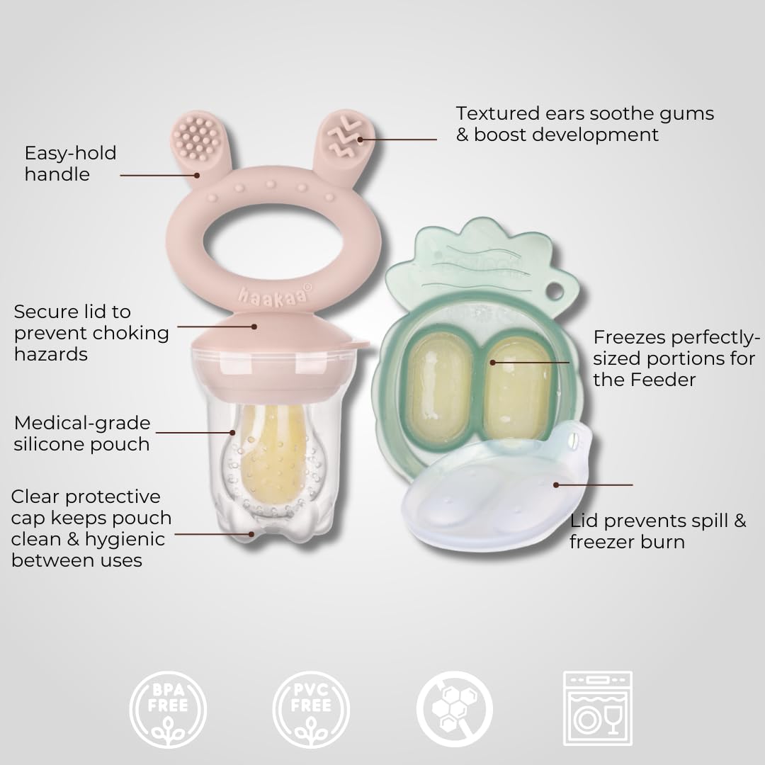 Haakaa Freeze-N-Feed Mini Combo con alimentador de alimentos de silicona y mini bandeja de silicona para picar | Alimentador de alimentos sólidos de autoalimentación para bebés | Molde para paletas de