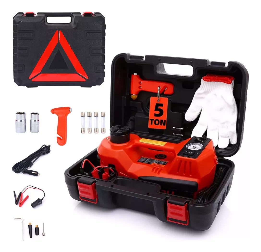 FIXITFAST Kit de Gato eléctrico de 5 toneladas y 12 V para Coche hidráulico con Llave de Impacto y Bomba de inflado de neumáticos y luz LED para neumáticos de Cambio de Camiones SUV, sedán