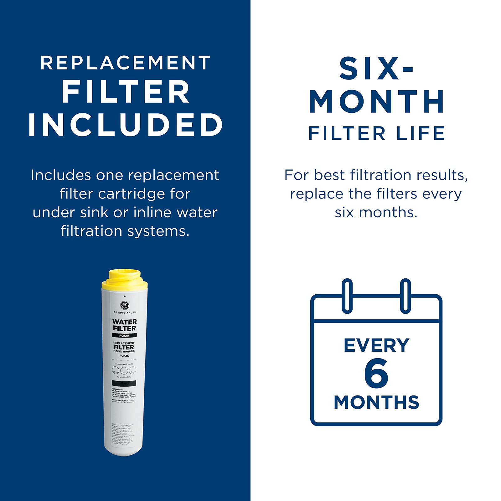 GE FQK1K Filtro de agua debajo del fregadero, repuesto para sistema de filtración de agua, fácil instalación, reduce sedimentos, óxido y otras impurezas del agua, reemplaza cada 6 meses para obtener