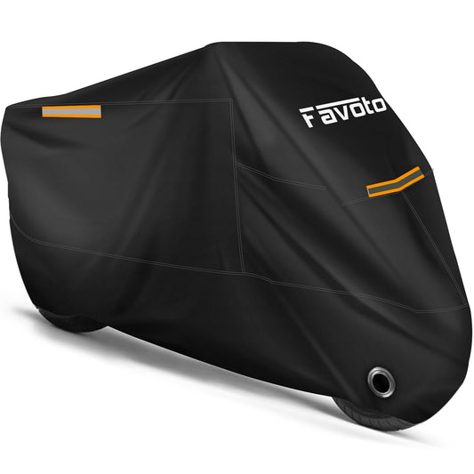 Funda para motocicleta Favoto con ajuste universal y 3 reflectores nocturnos, bolsa de transporte con agujero de bloqueo, resistente al viento, impermeable, a prueba de polvo, duradera, protección solar y al aire libre (295 centímetros de longitud).