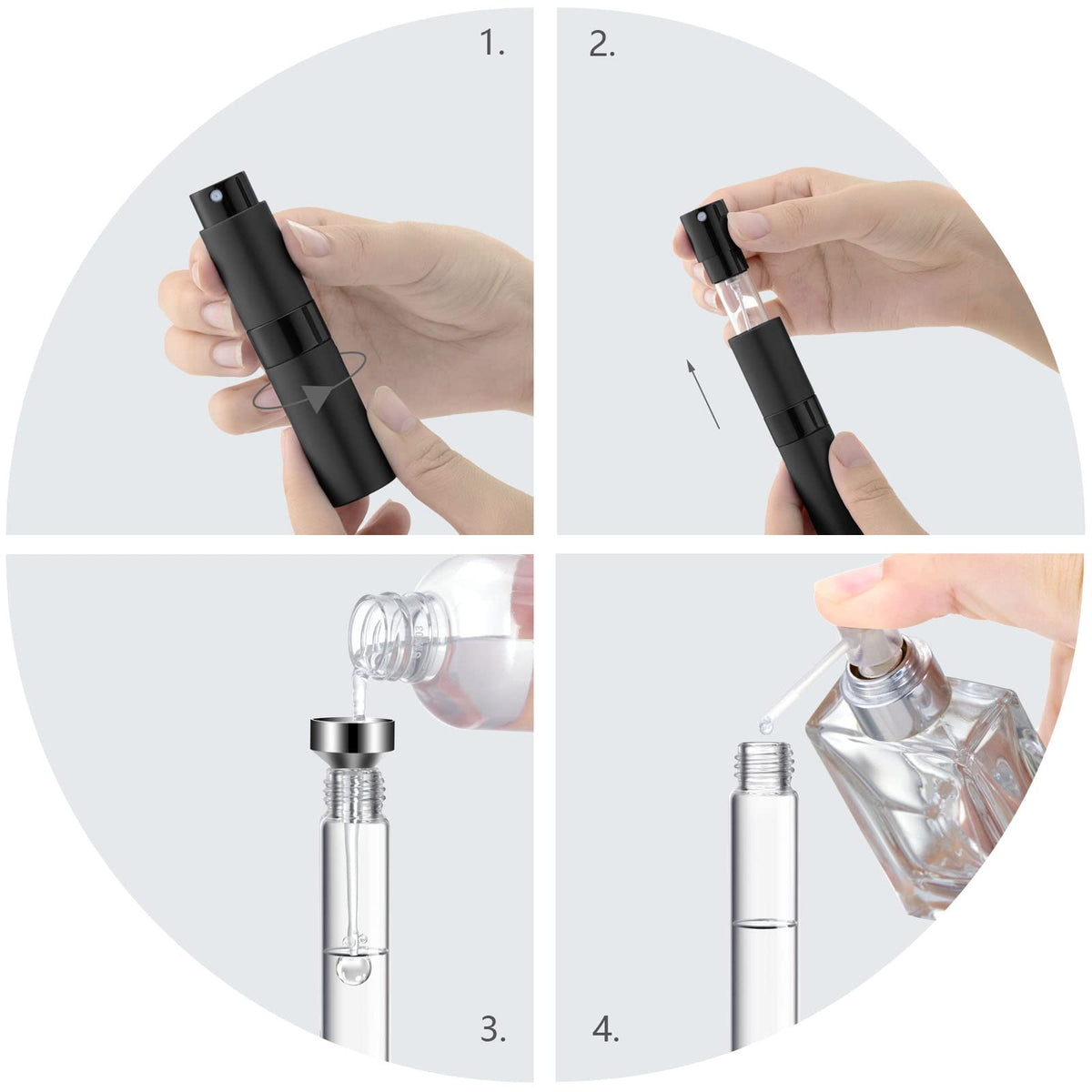 Lil Ray Mini atomizador portátil de perfume de 8 ml, botella de spray vacía recargable para viajes, pulverizador de colonia con bolsillo Twist Tpye, Negro - plata