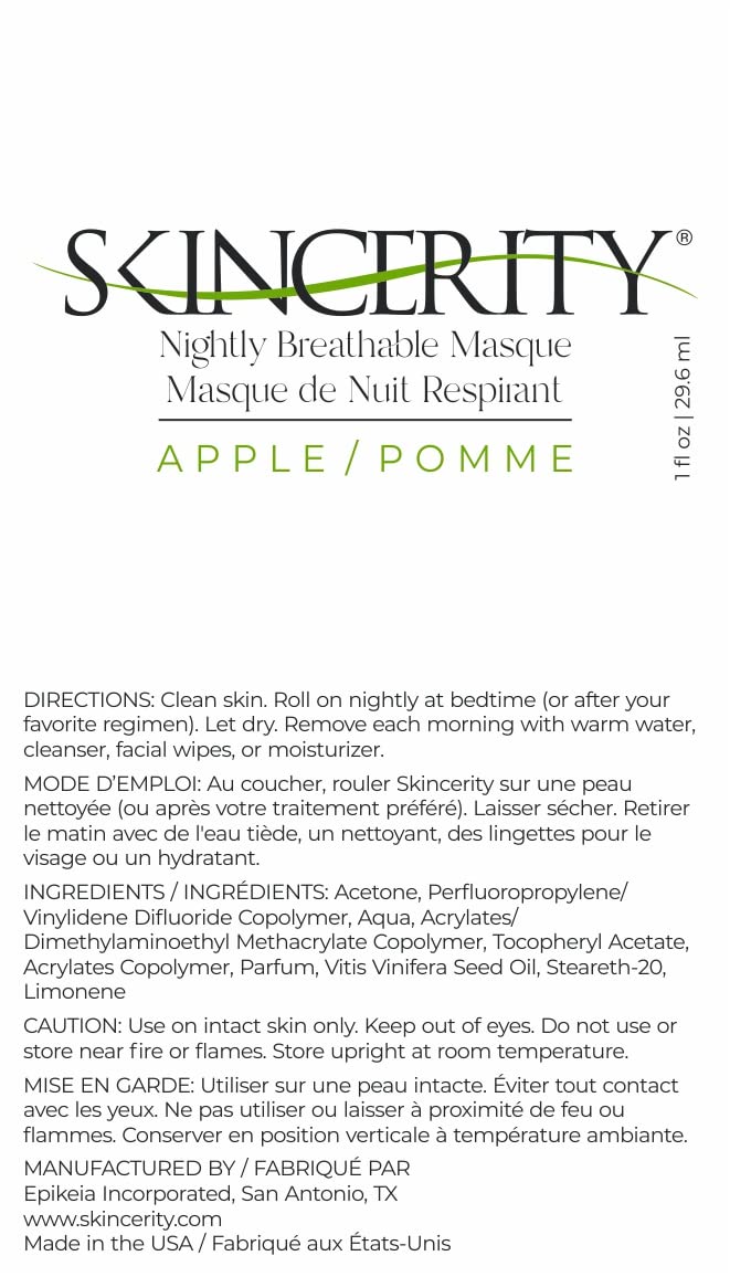 Skincerity Mascarilla respirable nocturna de manzana | La mascarilla transpirable original durante la noche | Notas melancólicas y afrutadas de manzana verde | Aceite de semilla de uva y antioxidantes de vitamina E | Antienvejecimiento, reduce las arrugas