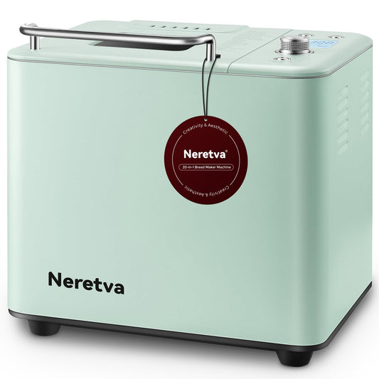 Neretva 20 en 1, máquina de pan de doble calentador de 2 libras, máquina de hacer pan de acero inoxidable, sartén de cerámica antiadherente compacta para pan sin gluten, masa madre o trigo integral