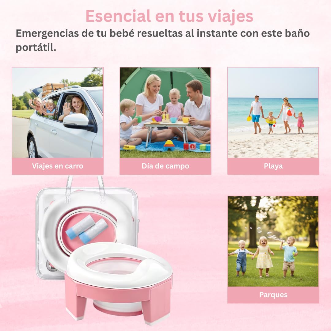 Baño Entrenador Niño 2 en 1 (Bacinica Portátil y Asiento de Inodoro). Para Potty Training. Plegable, Fácil y Seguro, Ideal para Casa, Viajes, Camping. Incluye: Maletita, 5 Rollos de Bolsas (Rosa)