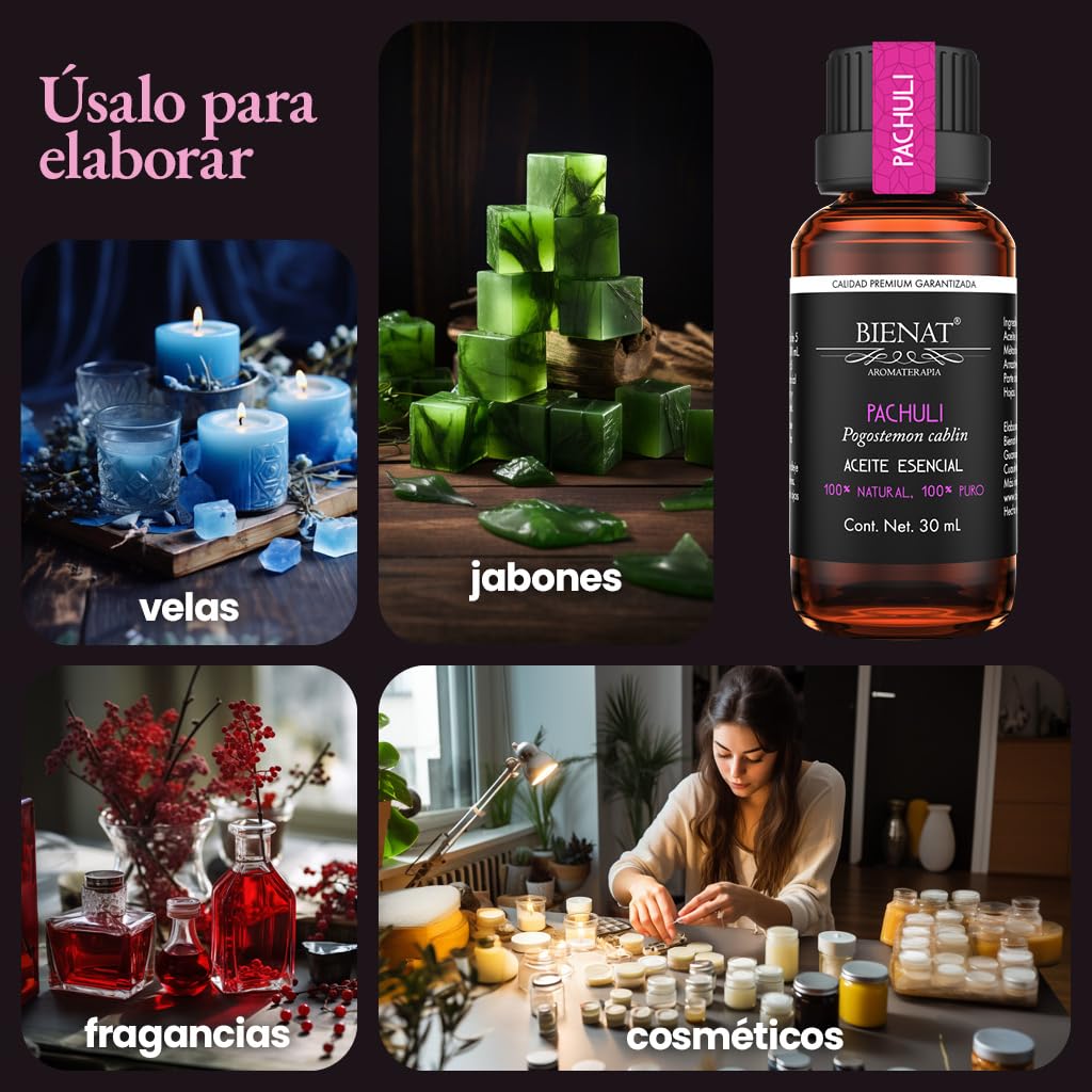 BIENAT AROMATERAPIA Aceite Esencial de Pachuli 30mL | 100% Puro y Concentrado | Ideal para Difusor de Aromas, Humidificador, Aromaterapia, Masajes, Meditación, Jabones y Velas | Esencia Natural en Gotas