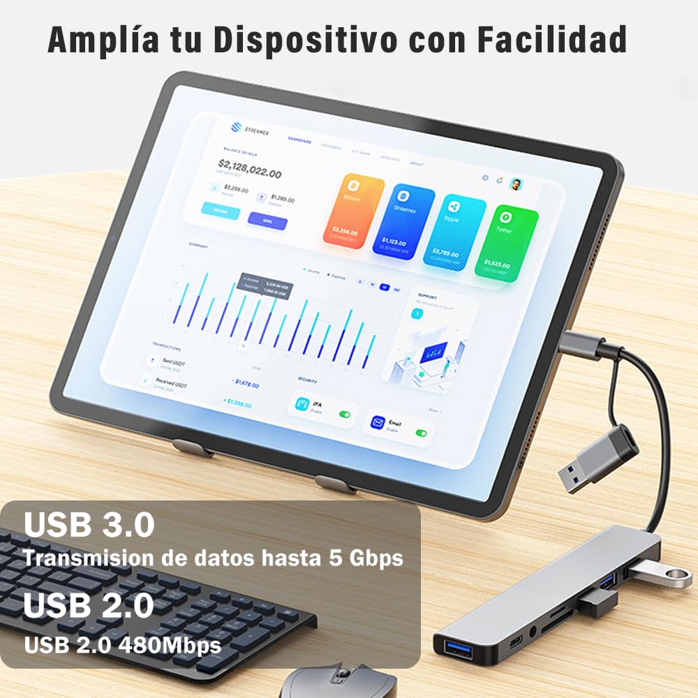 Hub USB C 3.0 8 en1, Adaptador USB a Tipo C Multipuerto con Jack 3.5, 4 Puertos USB 1 Puerto USB C, Puertos TF y SD, Adaptador para MacBook Air/Pro iPad y Más Dispositivos PC/Laptop/Tablet