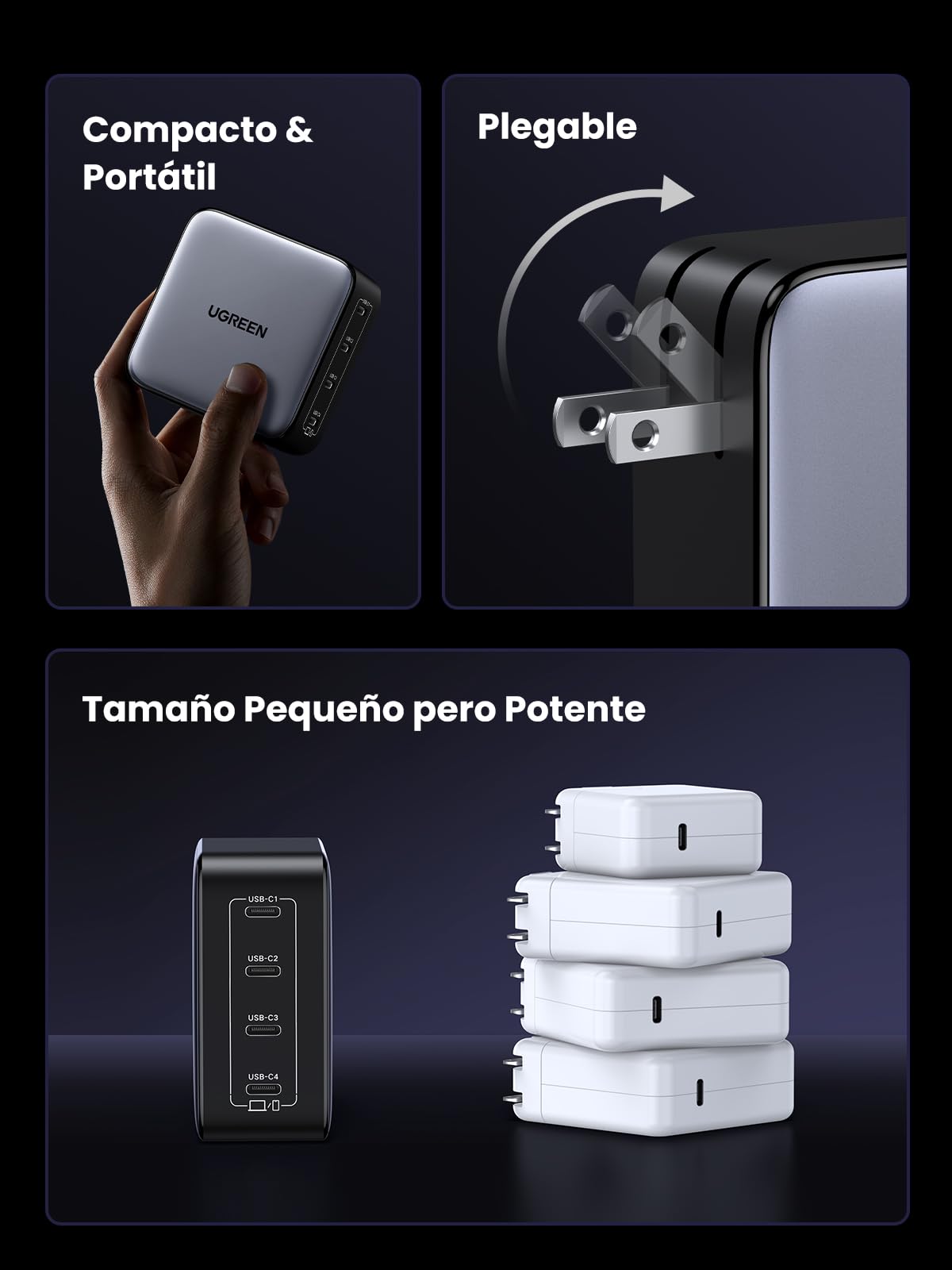 Original Cargador USB C UGREEN Nexode Negro 100W Carga Rápida con 4 Puertos