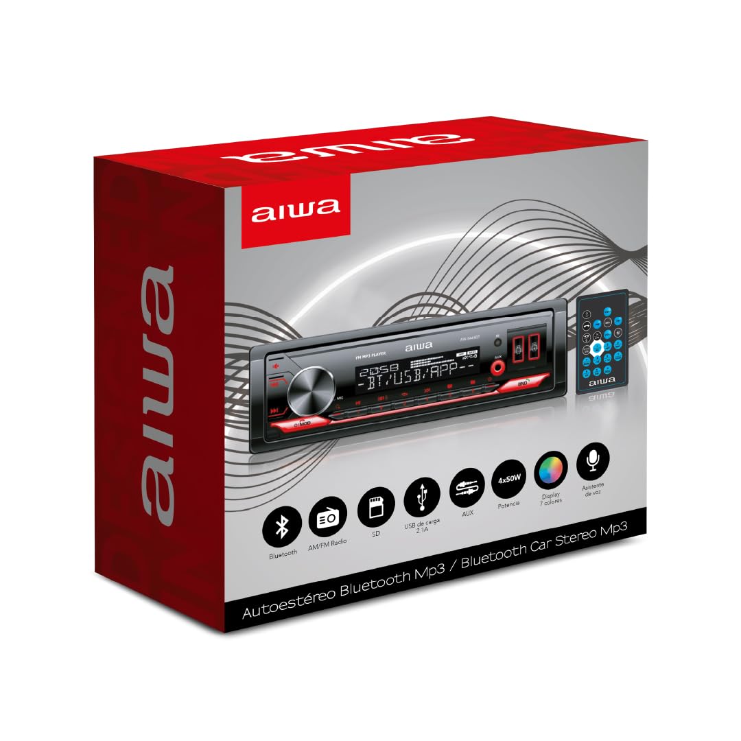 Aiwa Autoestéreo AW-5444BT Bluetooth 4×50W con USB, SD, AUX, Radio FM/Am, Ecualizador, Luz Variable, Panel Desmontable, Control Remoto y Manos Libres Color Negro