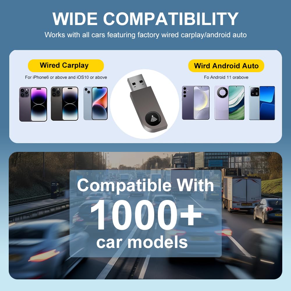 Pyniro Adaptador automático inalámbrico 2 en 1 CarPlay/Android, Plug & Play CarPlay Dongle se Convierte con Cable a inalámbrico con USB y USB-C/Tipo-C, conexión automática rápida, Control Estable y